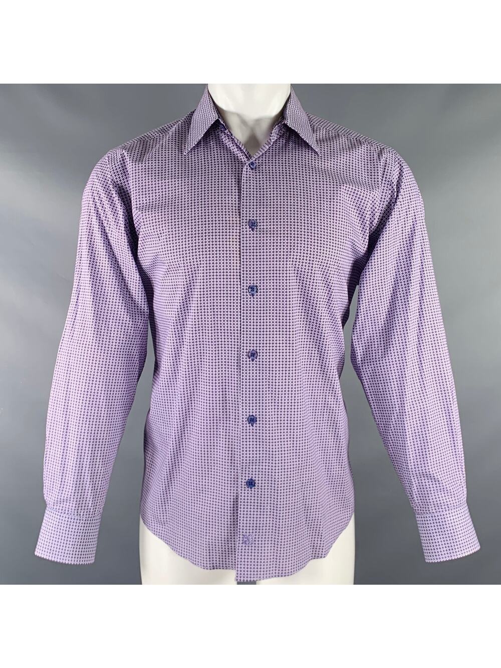 BUGATCHI Size M Purple White Dots Cotton Long Sleeve Shirt